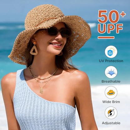 Beach Sun Hats for Women, Wide Brim Straw Hat, UPF 50+ UV Protection - color: Khaki-string