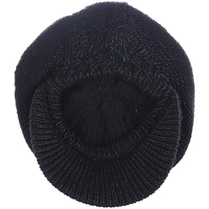 BYOS Womens Winter Chic Cable Warm Fleece Lined Crochet Knit Hat W/Visor Newsboy Cabbie Cap - color: Braided Front Black