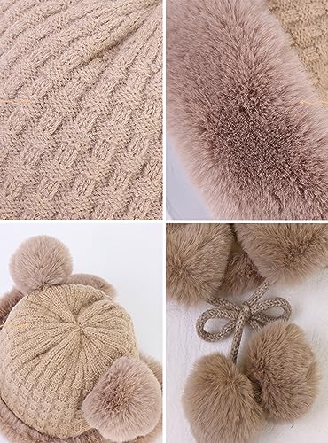 Winter Pompom Beanie Hats Women Knit Womens Beanie Faux Fur Crochet Skull Cap Warm Bucket Outdoor Ear Cover - color: Red