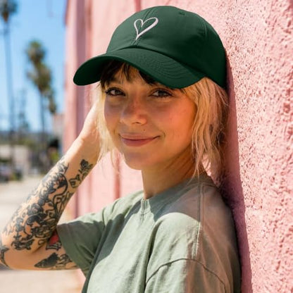 Hand Drawn Heart Hat Womens Embroidered Baseball Cap - color: Dark Green