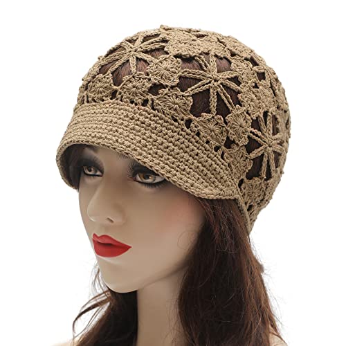 ZLYC Women Summer Slouchy Crochet Hat Handmade Cutout Skull Cap with Visor - color: Plain Khaki, size: One Size