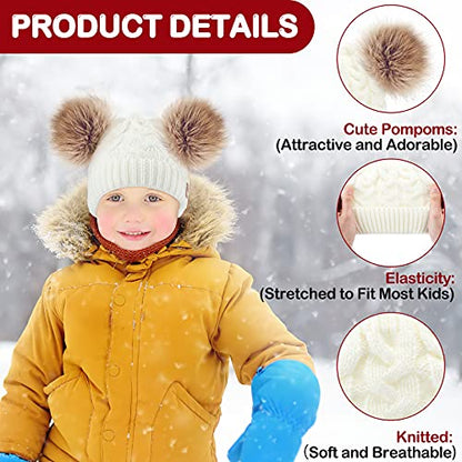 Geyoga 3 Pcs Winter Baby Beanies Double Pompom - color: Black, White, Khaki