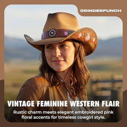 grinderPUNCH Straw Cowboy Hat for Men Women Western Cowgirl Outback Sun Hat - color: Leather