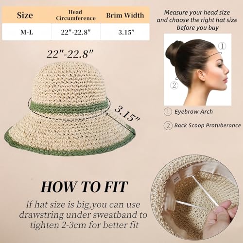 Floppy Big Beach Straw Hats for Women Foldable Summer Wide Brim Packable Sun Hat Womens Travel Straw Fedora Hat - color: Beige-green