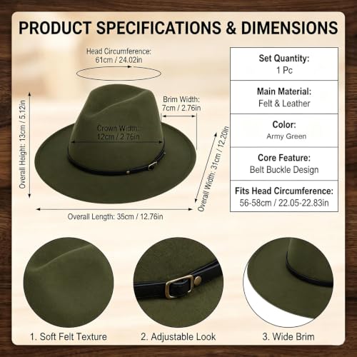 Unisex Adjustable Belt Buckle Wide Brim Fedora Hat, Felt Panama Hat for Men Women Formal Casual Wear - color: Army Green
