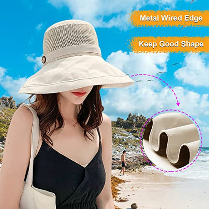 Women Wide Brim Sun Hats Metal Wired Edge Summer UV Protection Beach Fishing Hat for Hiking Garden Travel Chin Strap - color: A1-m9163-beige, size: One Size