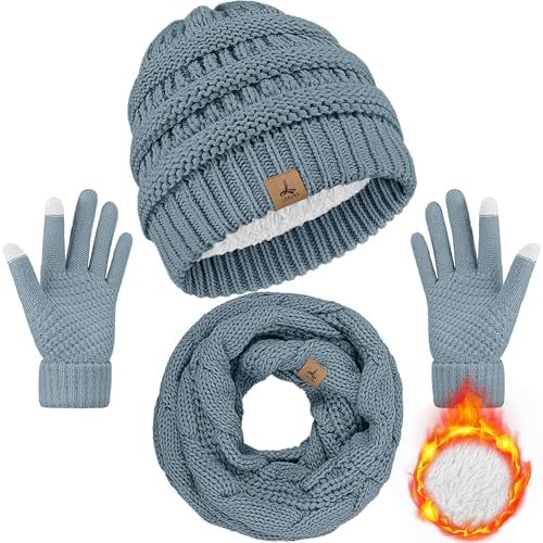 LOROME Winter Beanie Hat Scarf Gloves, Warm Fleece Knit Neck Scarf Set Gift - color: Light Blue