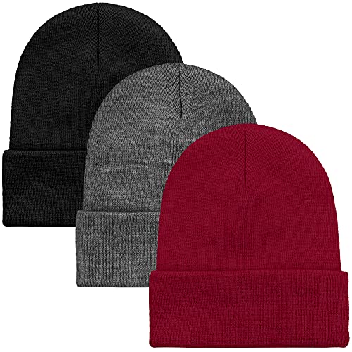 Cooraby 3 Pack Unisex Winter Skull Cap Beanies Knitted Cuff Hats Caps Roll-up Edge Beanie Hats for Men Women Outdoors - color: Black, Heather Grey, Jujube Red