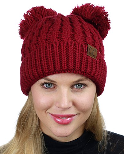 C.C 2 Ear Pom Pom Cable Knit Soft Stretch Cuff Skully Beanie Hat - color: Burgundy