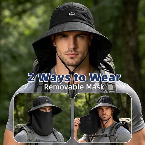 Outdoor Sun Hat for Men Women, UPF 50+ Safari Cap Fishing Hat with Detachable Face Cover & Neck Flap Beach Garden Hiking - color: 1pack-black