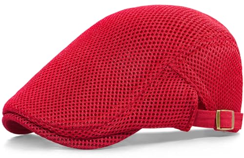 Xinveen Men's Mesh Cap Breathable Summer Newsboy Hat Adjustable Beret Ivy Cap Irish Cabbie Driving Hunting Hats - color: Red