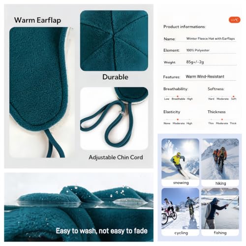 Mens Womens Warm Fleece Beanie Soft Winter Hat with Ear Flaps Windproof Ski Snow Cycling Skull Cap Helmet Liner - color: Teal