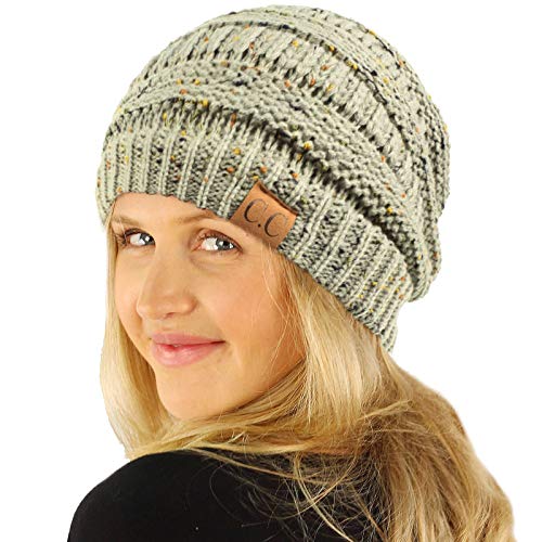 CC Classic Winter Fall Trendy Chunky Stretchy Cable Knit Beanie Hat - color: Confetti Natural Gray
