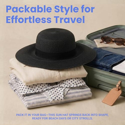 Funky Junque Wide Brim Panama Sun Hat, Womens Packable Straw - color: Ribbon Bow Trim - Black