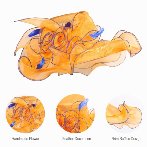 Women Oganza Sun Hat Church Wide Brim Wedding Formal Fascinator Hat - color: Orange