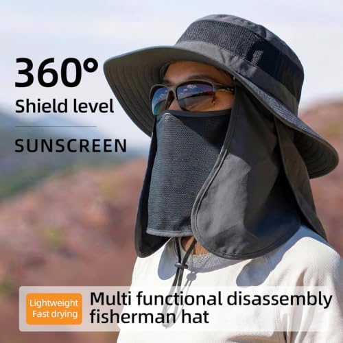 Fishing Hat, UPF 50+ Sun Cap with Detachable Mask - color: Dark Grey