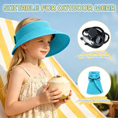 Girls Sun Visor Hat with Ponytail Hole Wide Brim Beach Straw Visor UPF 50+ - color: 1pack-sea Blue