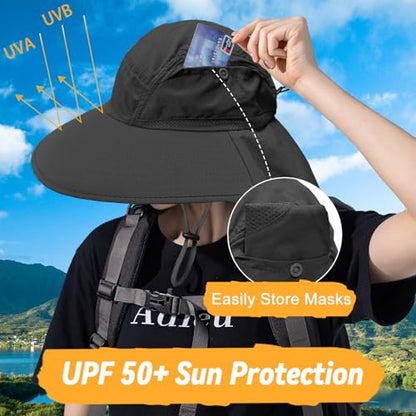 Sun Hats for Men Women Detachable Face Cover Wide Brim Fishing Hats with Neck Flap UPF 50+ Outdoor Safari Hats - color: Black