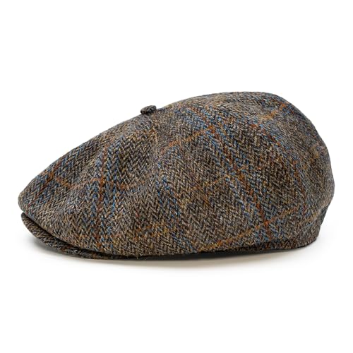 Sterkowski Peaky | 100% Harris Tweed Newsboy Cap for Men and Women | Warm Classic Elegant 8 Panels Hat - color: Brown/Blue Check, size: 7