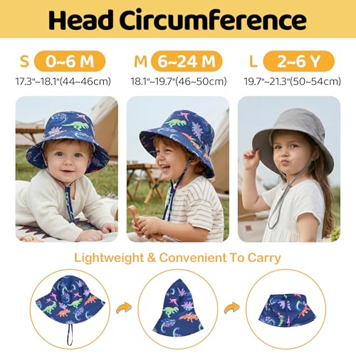 Toddler Bucket Hats UPF 50+ Baby Sun Hat Adjustable Kids Sun Protection Summer Hat Wide Brim Beach Hat for Boys Girls 0-6Y - color: Grey+dinosaur, size: 6-24 Months