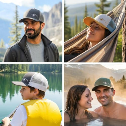 LINDO Trucker Hat [ Great Outdoors Design ] for Men and Women: Mid Profile Cap with Breathable Mesh Back and Adjustable Snap - color: Green/Beige