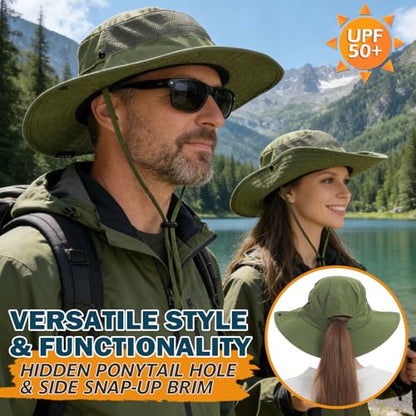 Cooling Sun Bucket Hat, UPF 50+ Wide Brim Boonie Hat with Ponytail Hole - color: 01 Army Green