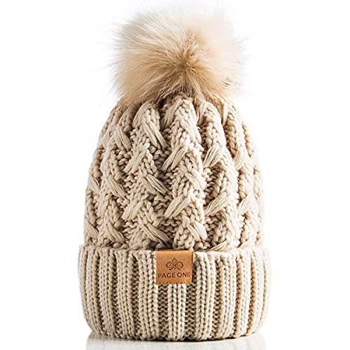 PAGE ONE Womens Winter Ribbed Beanie Crossed Cap Chunky Cable Knit Pompom Soft Warm Hat - color: Beige