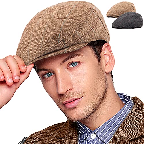 2-Pack Adjustable Newsboy Hats for Men Flat Cap Irish Wool Blend Tweed - color: Plaid Black+brown 2pack, size: X-Large-XX-Large