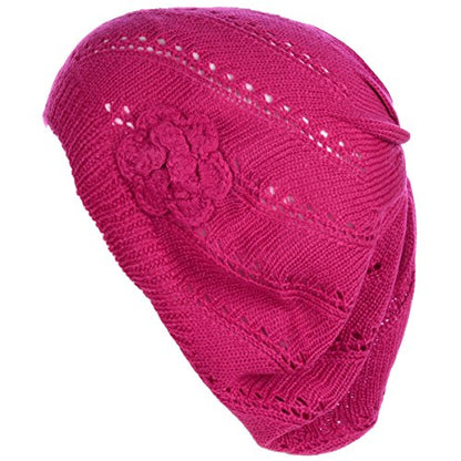 BYOS Chic Parisian Style Soft Lightweight Crochet Cutout Knit Beret Beanie Hat - color: 2-pack Swirl Fuchsia & Black