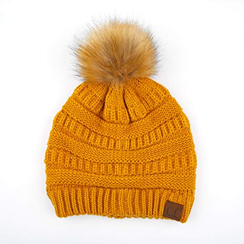 C.C Hatsandscarf Exclusives Unisex Solid Ribbed Beanie with Pom (HAT-43) - color: A Gift Set-mustard