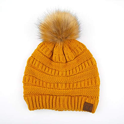C.C Hatsandscarf Exclusives Unisex Solid Ribbed Beanie with Pom (HAT-43) - color: A Gift Set-mustard