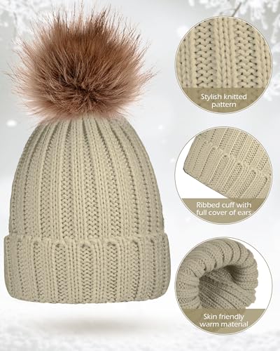 Syhood 4 Pcs Hat and Glove Set Winter Beanie and Glove Set - color: White and Beige