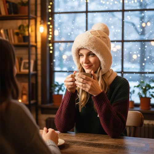 HUAMULAN Women Cable Knit Balaclavas Winter Fleece Lined Beanie Hat - color: Beige With String