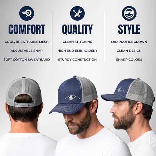LINDO Trucker Hat [ Great Outdoors Design ] for Men and Women: Mid Profile Cap with Breathable Mesh Back and Adjustable Snap - color: Blue