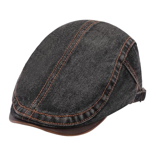 ZLYC Men Cotton Flat Cap Summer Scally Newsboy Beret Driver Hat - color: Denim Black