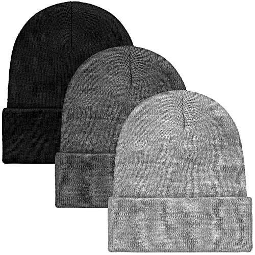 Cooraby 3 Pack Unisex Winter Skull Cap Beanies Knitted Cuff Hats Caps Roll-up Edge Beanie Hats for Men Women Outdoors - color: Black, Heather Grey, Light Grey