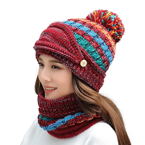 Ypser Women's Winter Warm Knitted Crochet Hat Fleece Lined Cable Faux Fur Pom Pom Beanie Hat Skull Cap - color: Red 3 Pcs Set (Hat & Scarf & Face Mask)
