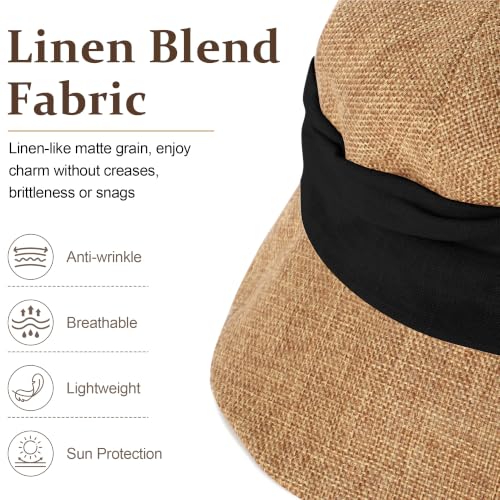 Babalet Women Summer Bucket Sun Hat Lightweight Beach Faux Linen Blend Bucket Hat Adjustable Foldable UV Protection Beach Cap - color: Marled Khaki / Black Band