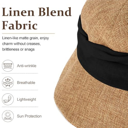 Babalet Women Summer Bucket Sun Hat Lightweight Beach Faux Linen Blend Bucket Hat Adjustable Foldable UV Protection Beach Cap - color: Marled Khaki / Black Band
