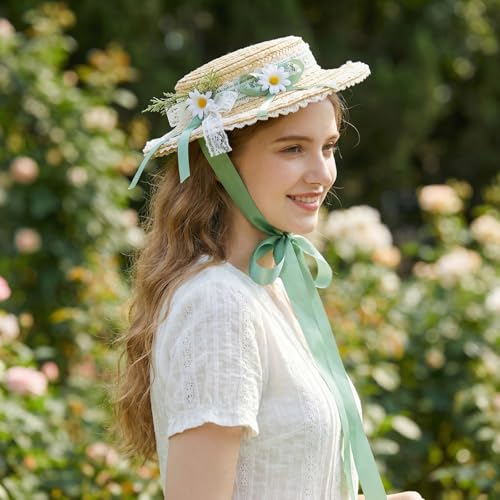 Victorian Tea Party Sun Hat, Wide Brim Straw Flat Cap - color: Green