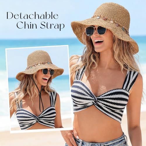 Beach Sun Hats for Women, Wide Brim Straw Hat, UPF 50+ UV Protection - color: Khaki-shell
