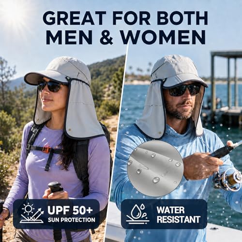 Palmyth Fishing Sun Hat with Detachable Neck Flap UPF 50+ Baseball Cap - color: Light Grey