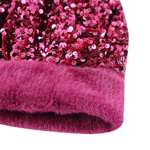 Women Sparkly Sequins Knitted Beanie Hat Warm Winter Skull Cap with Faux Fur Pom Pom - color: Wine Red