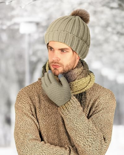 Syhood 4 Pcs Hat and Glove Set Winter Beanie and Glove Set - color: White and Beige