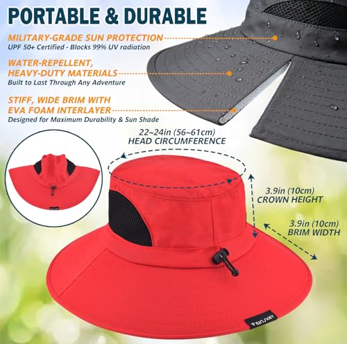 Wide Brim Sun Bucket Hat, Waterproof Boonie Hat for Men & Women - color: 01 Red