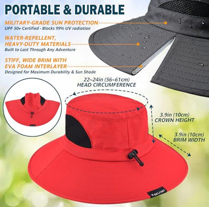 Wide Brim Sun Bucket Hat, Waterproof Boonie Hat for Men & Women - color: 01 Red