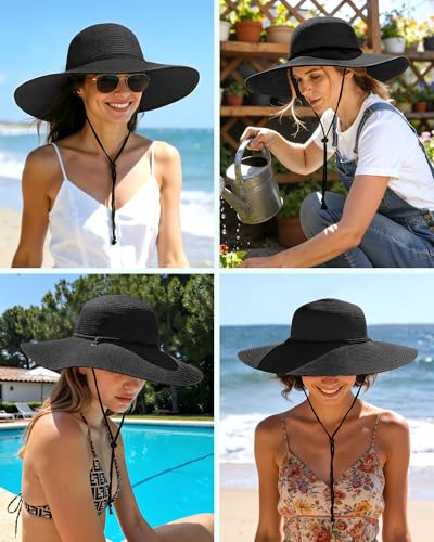 Sun Hats for Women, Summer Wide Brim Straw Beach Hat - color: Black, size: Large