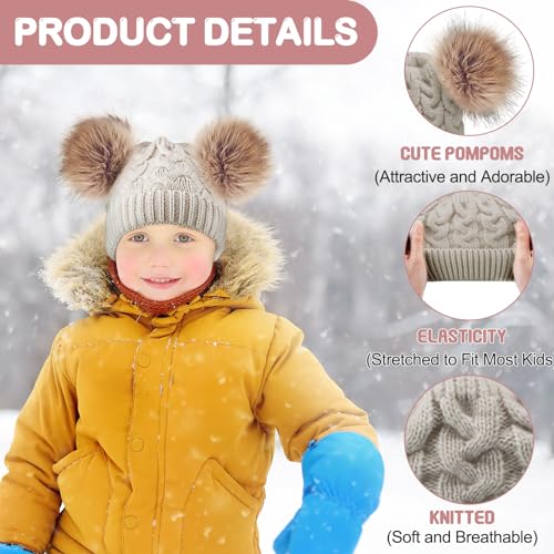 Geyoga 3 Pcs Winter Baby Beanies Double Pompom - color: Black, Light Pink, Khaki