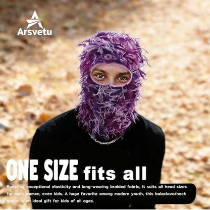 Distressed Ski Mask Balaclava, Yeat Shiesty Knitted Full-Face Mask - color: Purple