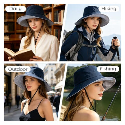 Womens Wide Brim Sun Hat UPF 50+ Foldable Bucket for Beach Travel - color: Navy Blue1